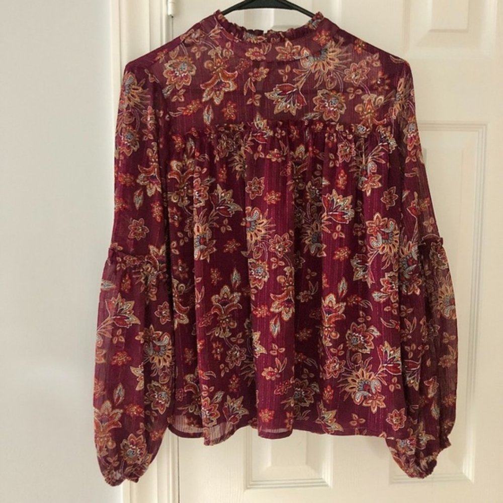 Blue Rain Floral heer Balloon Sleeve Boho Blouse - Picture 1 of 4